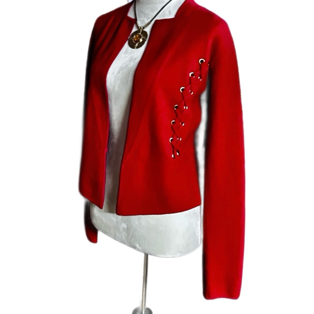 Cache ~ Women's Small ~100% Wool ~ Red Blazer Jacket W/ Lace Up Detail Hook Loop - Picture 6 of 16